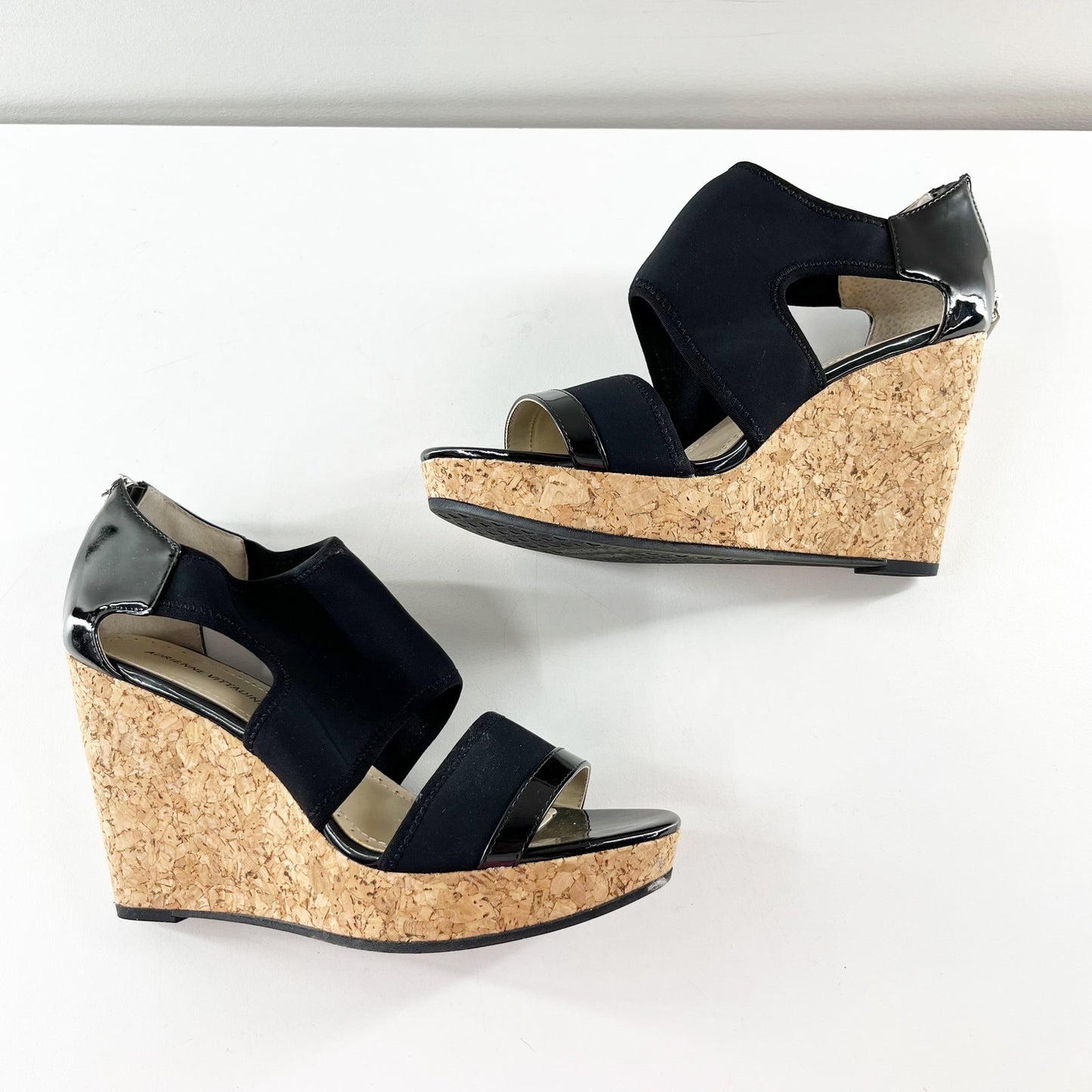 Adrienne Vittadini Chelle Patent Cork Wedge Heel Sandals Black 8