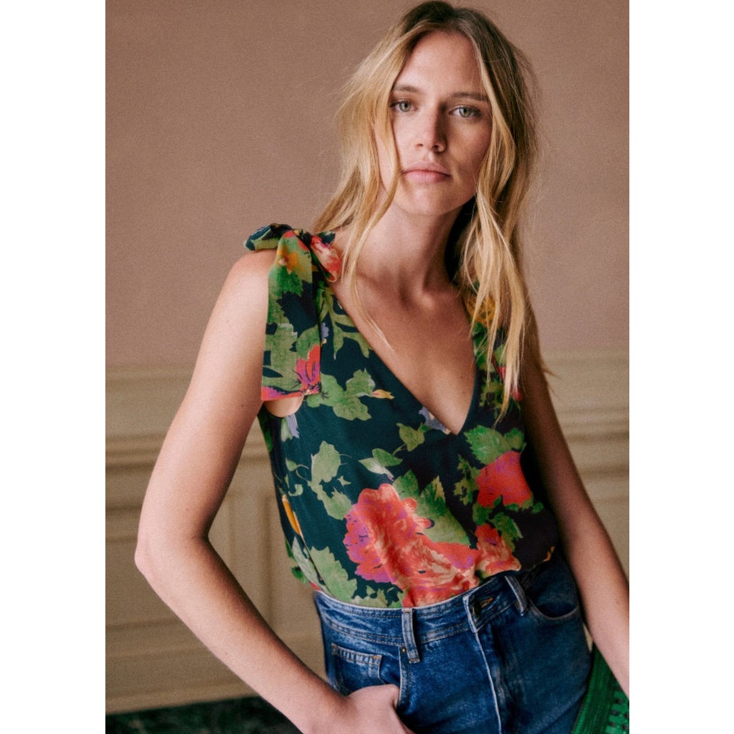 Sézane Lara Sleeveless Tie Shoulder Blouse Top Vibrant Multi-Color Floral 34