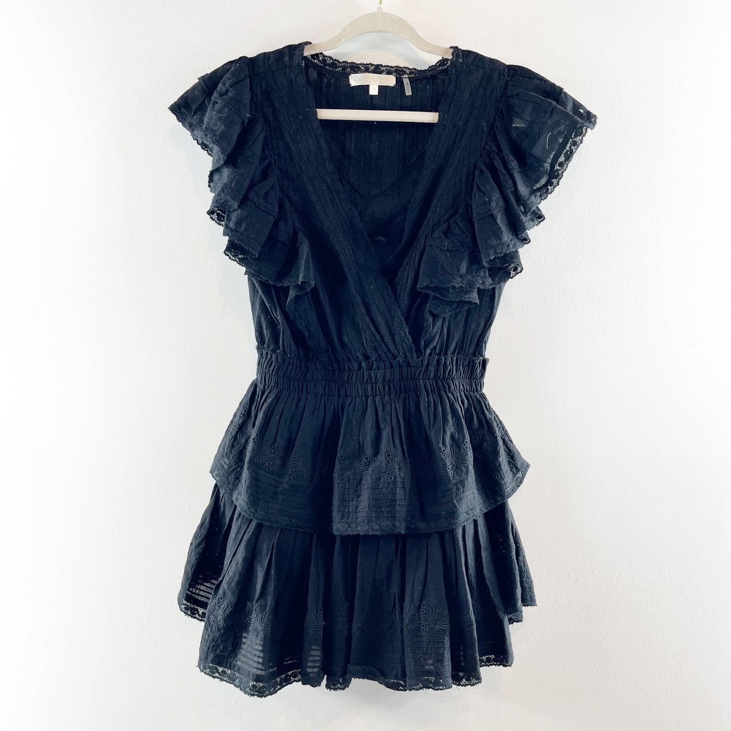 LoveShackFancy Gwen Heritage Ruffle Lace Mini Dress Black XS