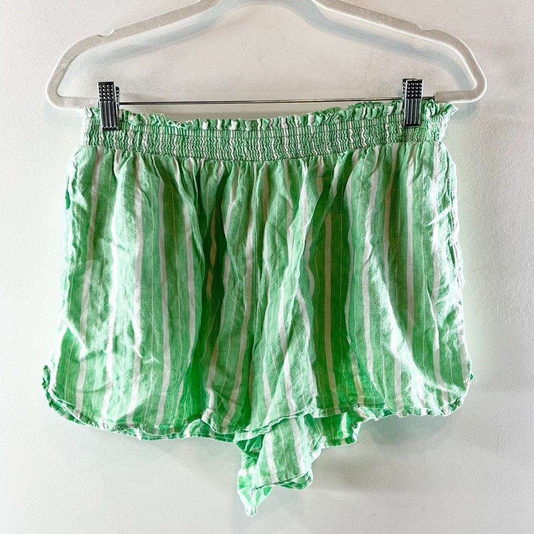 Aerie Linen Blend Striped Pull On Smocked High Waisted Shorts Celebrity Green L