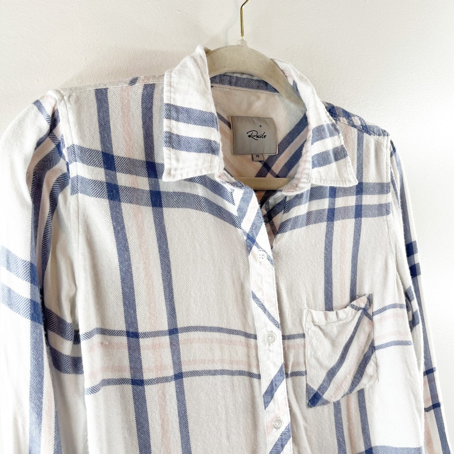 Rails Plaid Hunter Button Up Long Sleeve Top Indigo Powder Blush White Blue XS