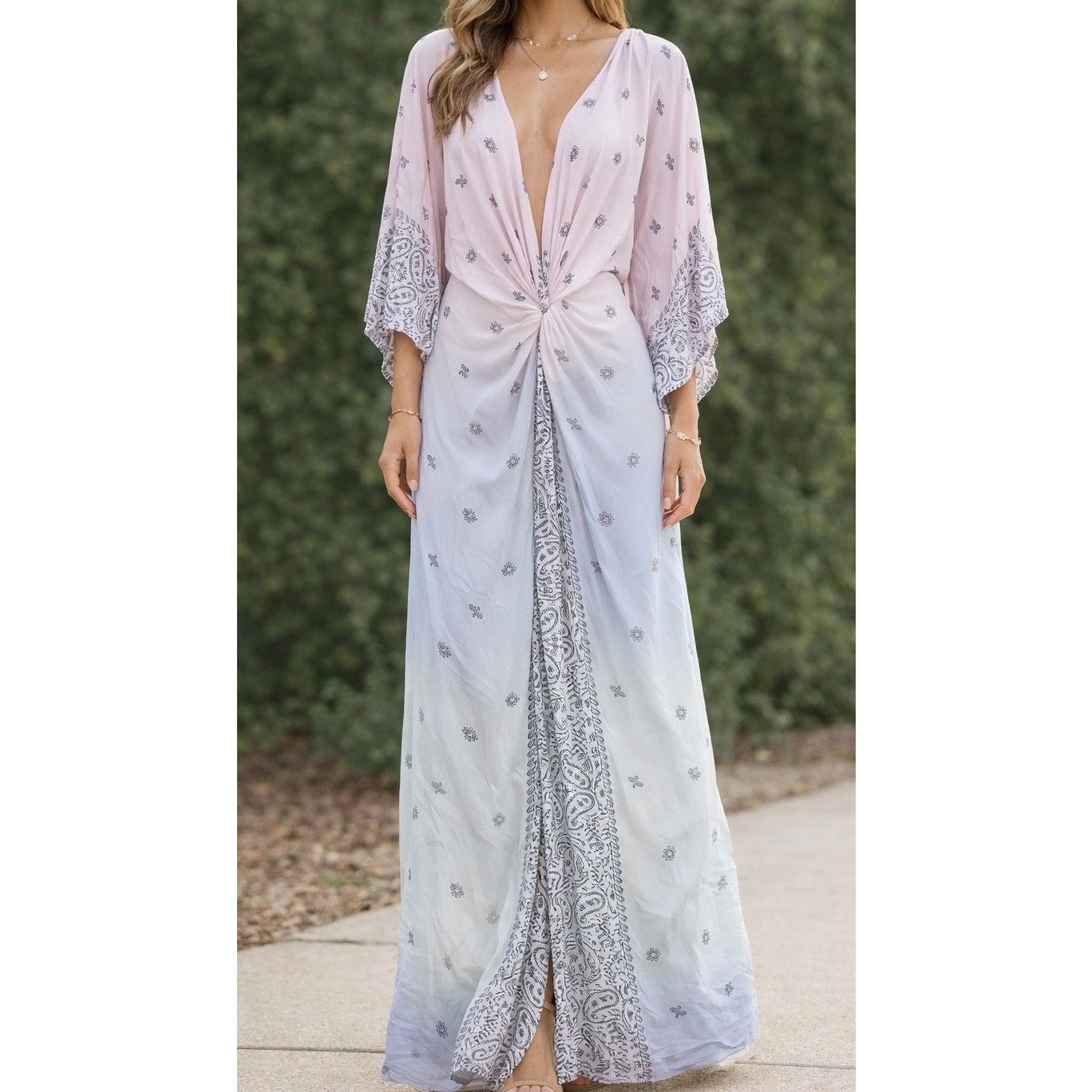 Surf Gypsy Short Sleeve Kimono Twist Front Kaftan Maxi Cover Up Dress Pink Blue