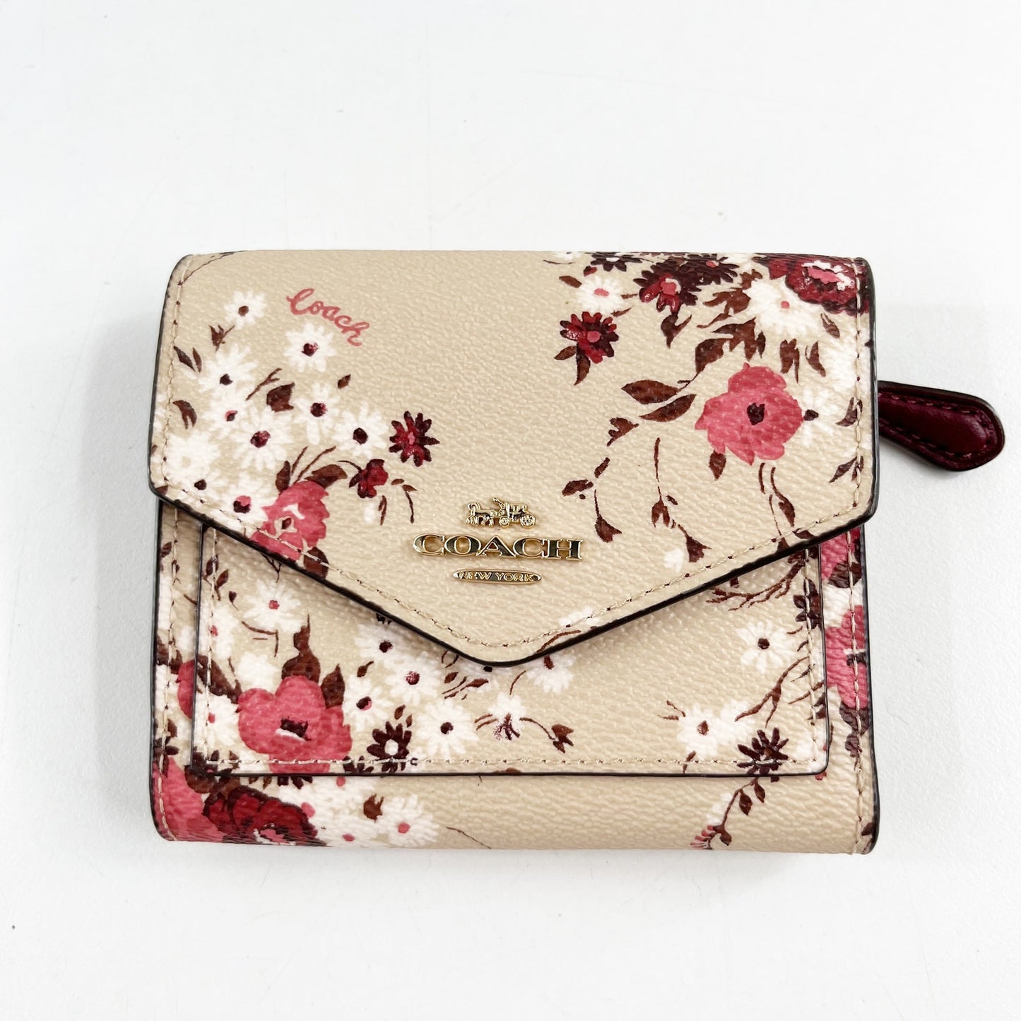 Coach Square Trifold Floral Snap Wallet Cream