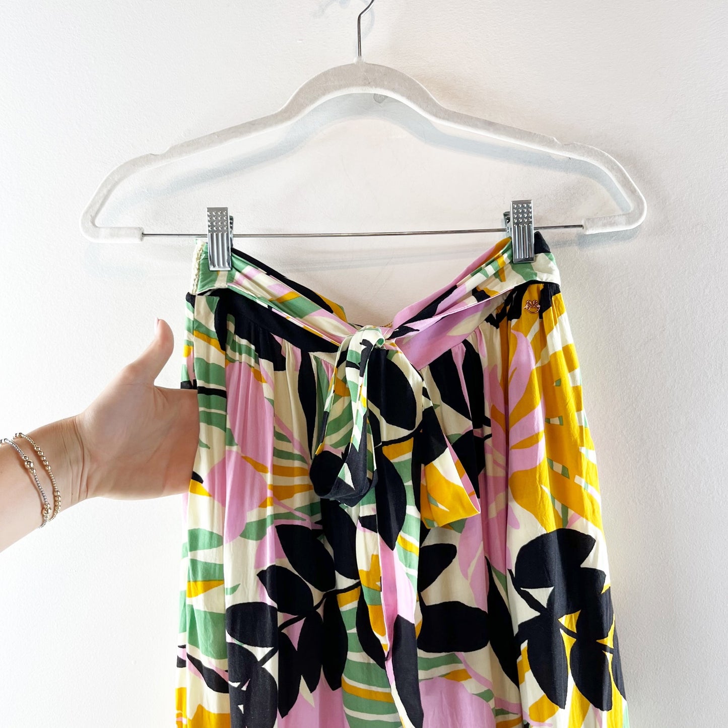 Maaji Tropical Print High Waisted Belted Wide Leg Palazzo Pants Pink Medium