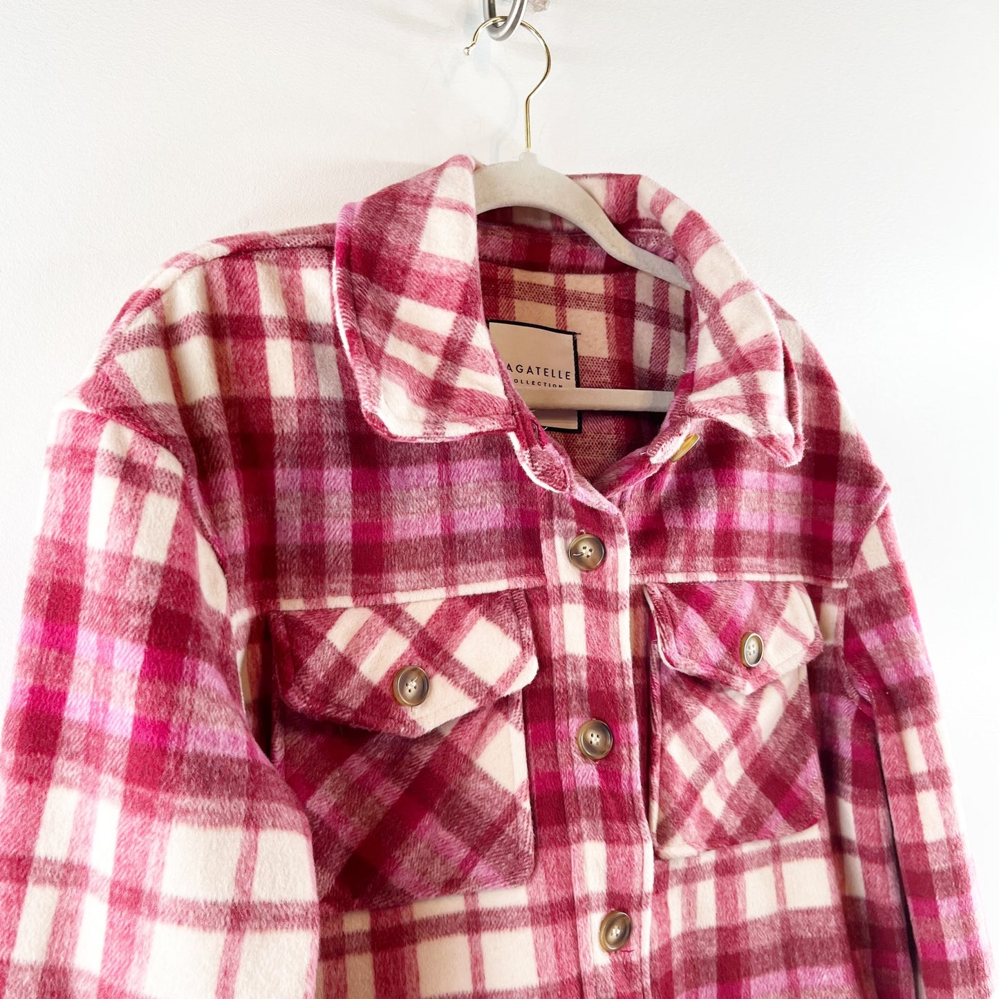 Bagatelle Long Sleeve Cropped Plaid Button Up Jacket Shacket Red Large