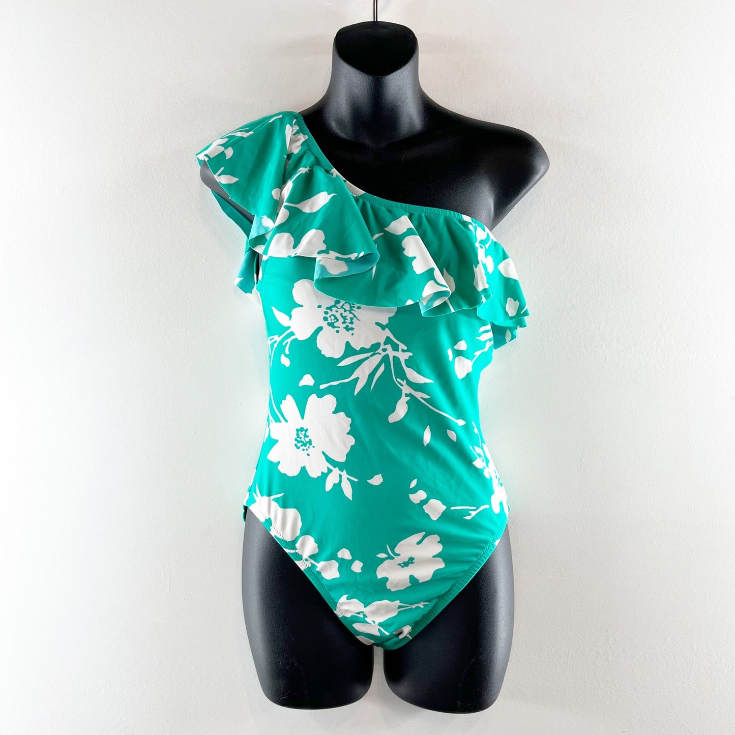 J. Crew Ruffle One Shoulder Floral One Piece Swimsuit Green Small