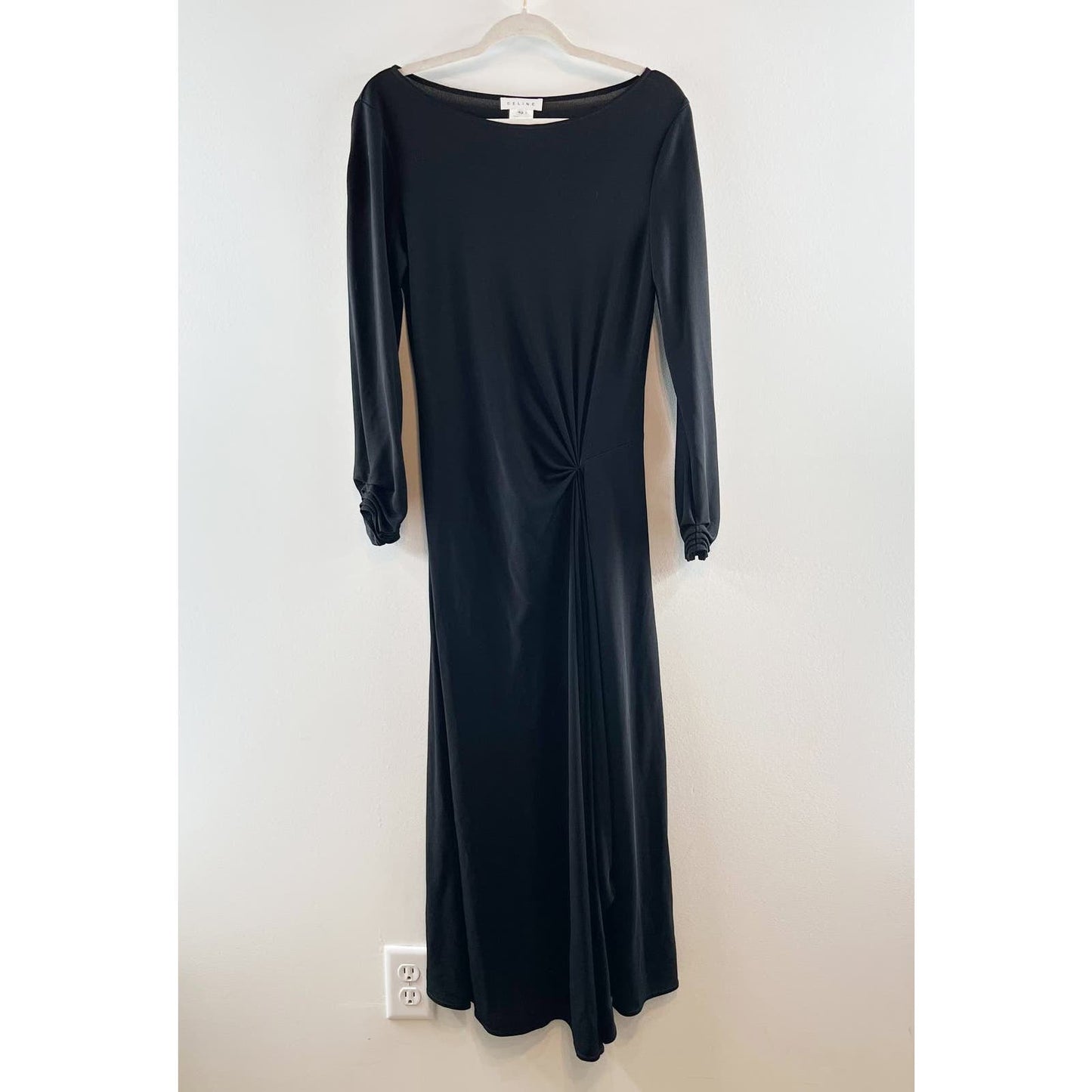 Celine Long Sleeve Rouched Waist Slit Maxi Gown Dress Black FR 42 / US 12