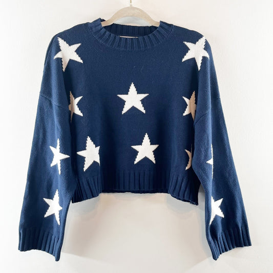 moon & madison Star Print Dropped Shoulder Round Neck Knit Crop Sweater Blue S