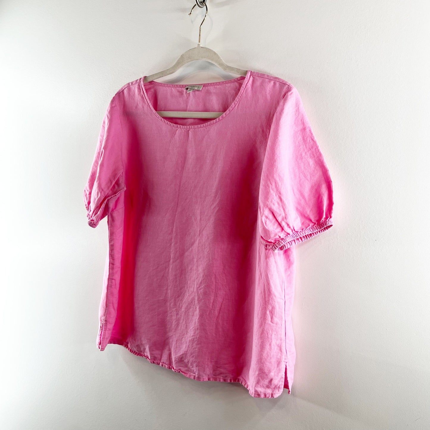 Talbots Linen Blend Short Puff Sleeve Side Slit Tee Shirt Blouse Top Pink Medium