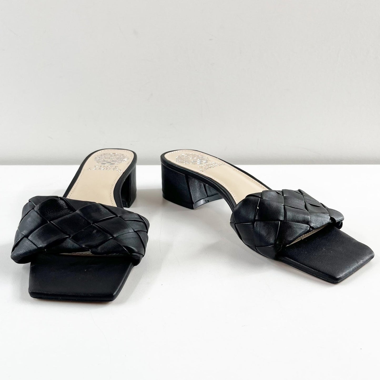 Vince Camuto Semtera Woven Kitten Block Heel Square Toe Slide Sandals Black 6.5