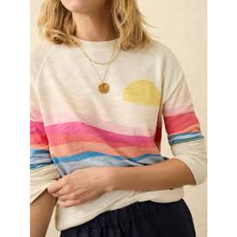 Faherty Sunwashed Long Sleeve Organic Cotton Pullover Sunset Print White Small