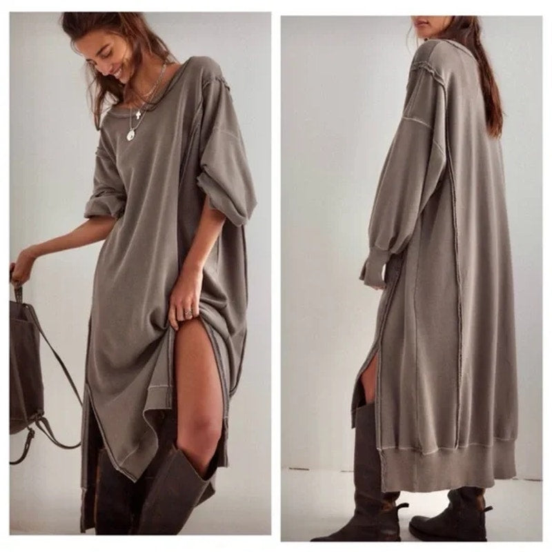 Free People Camden Long Sleeve Oversized Maxi Sweatshirt Dress Dolphin Gray XS