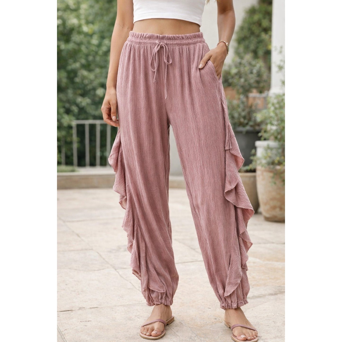 Free People Beach Ruffle Detail Pull On Jogger Flowy Pants Pink XS