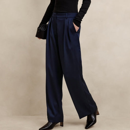 Banana Republic Silky Relaxed High Rise Pleated Wide Leg Trouser Pants Navy 12