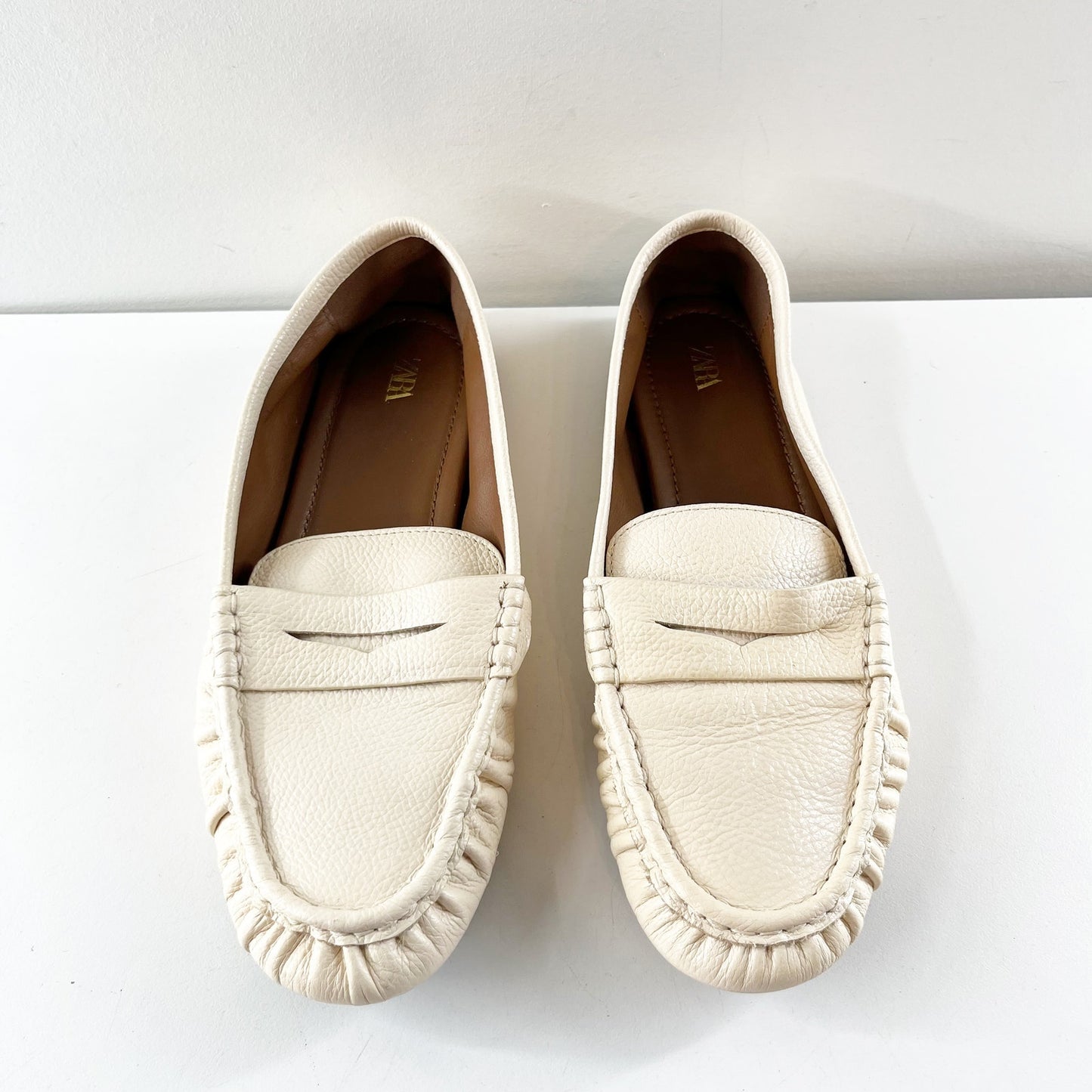 Zara Ruched Leather Slip On Penny Loafers Flat Cream 39 US 8.5