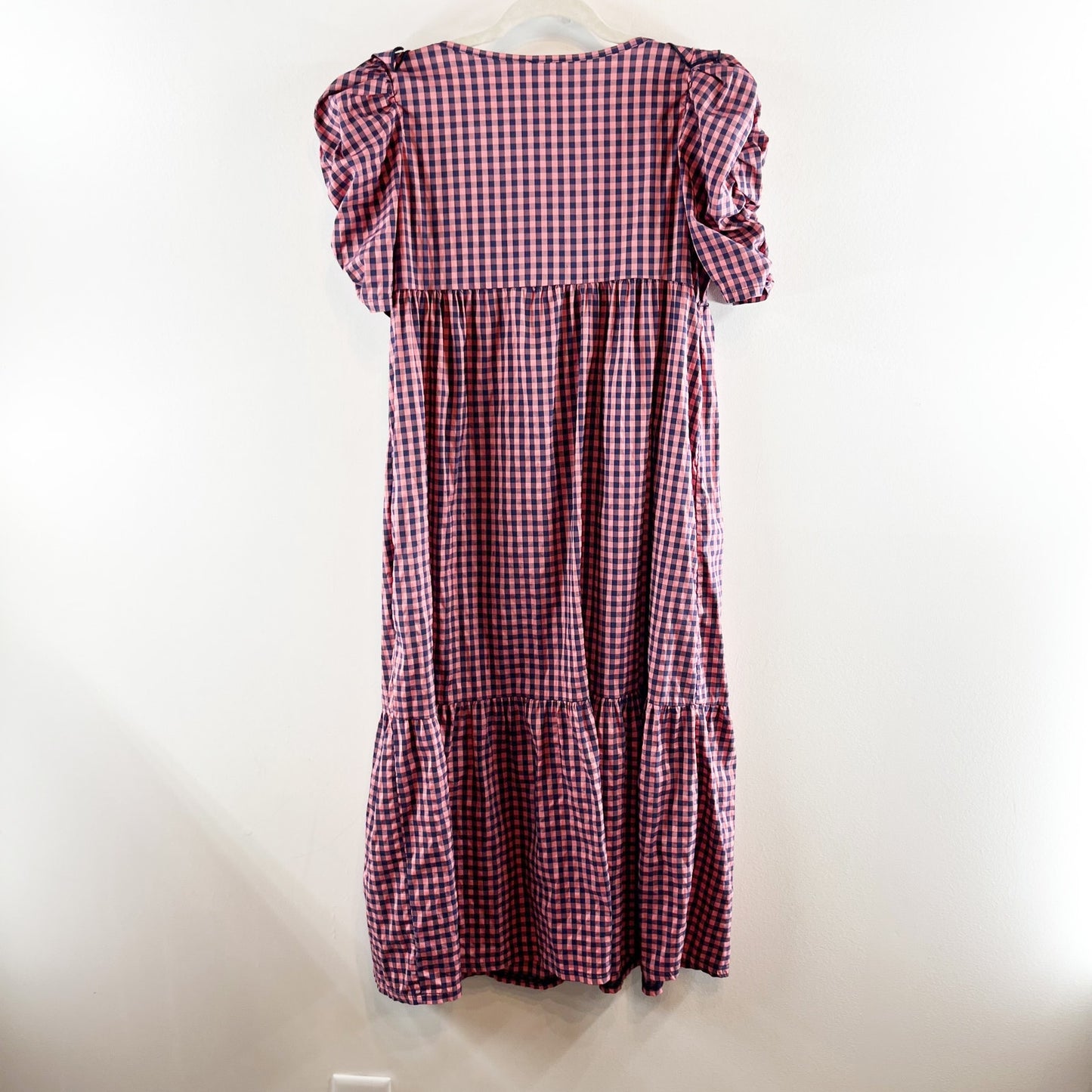 ZARA Short Puff Sleeve Square Neck Gingham Midi Dress Pink Blue Medium