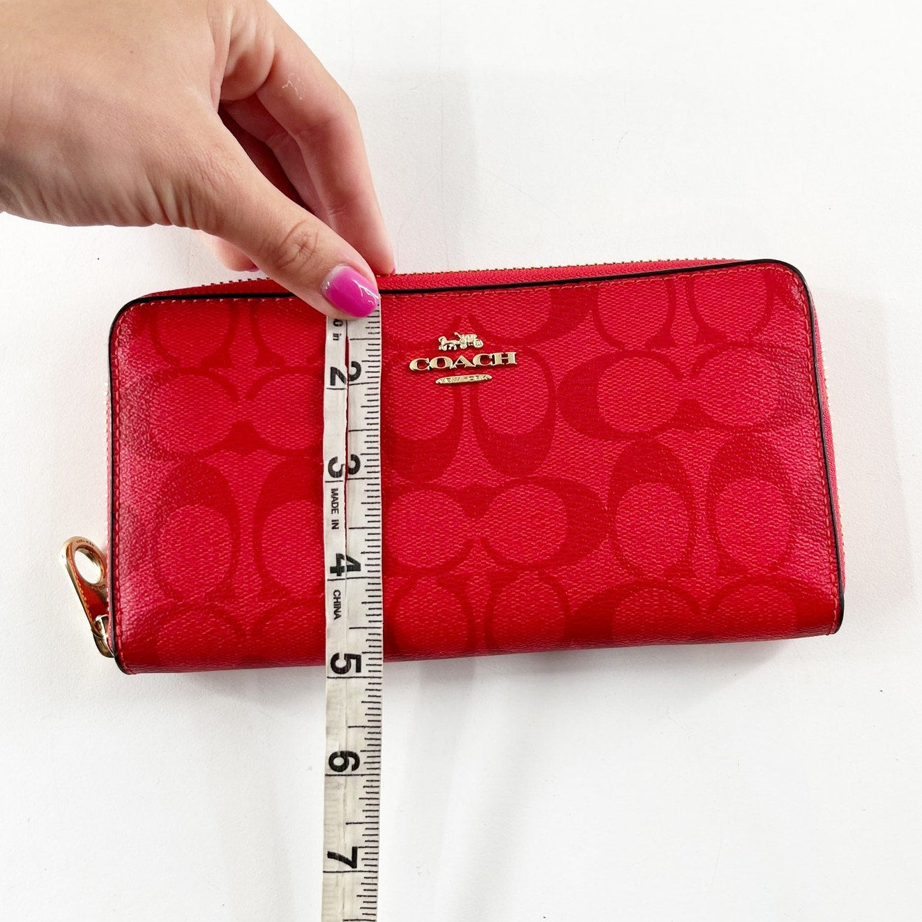 Coach Monogram Logo Zip Around Long Wallet Signature Red Leather