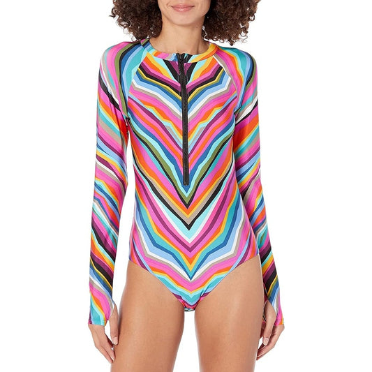 Trina Turk Chevron Striped Long Sleeve 1/2 Zip One Piece Swimsuit Pink Small
