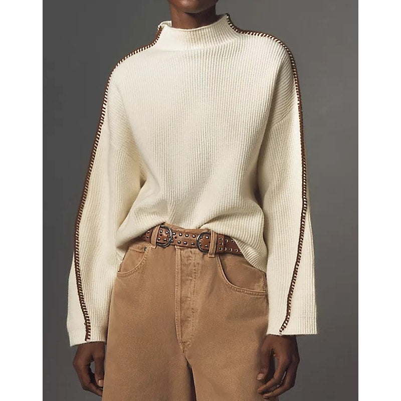Anthropologie Long Sleeve Mock-Neck Whipstitch Pullover Sweater Cream XS