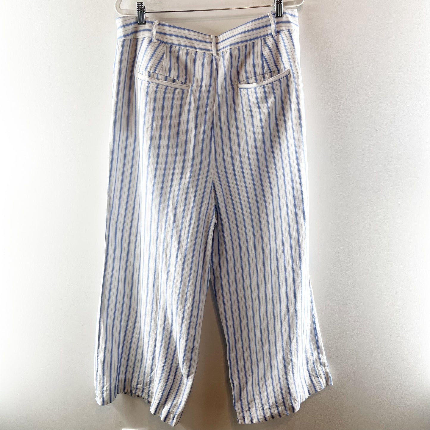 LOFT Peyton Striped Linen High Waisted Wide-Leg Trouser Pants White Blue 16