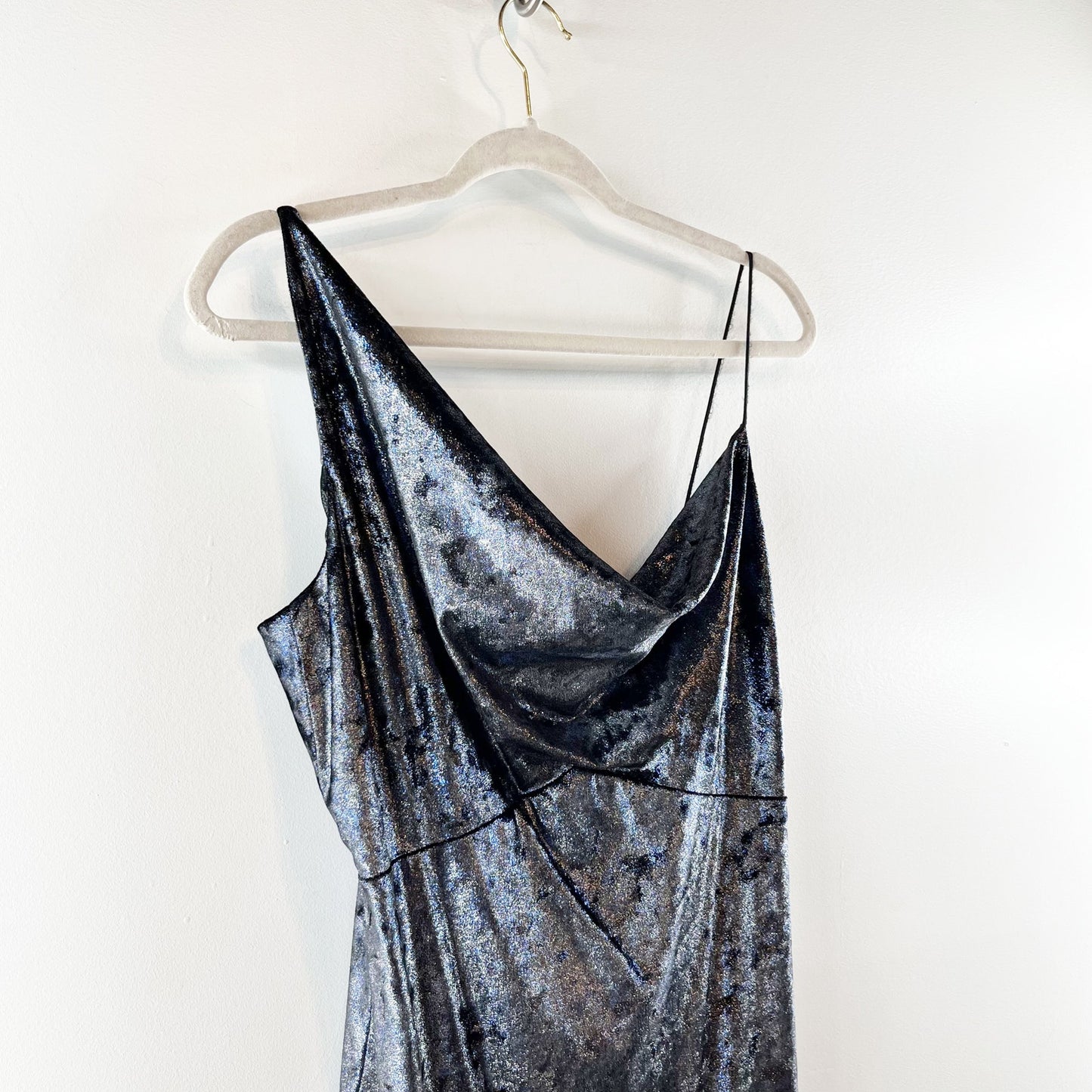 Nicole Miller Metallic Asymmetric Cowl Neck Maxi Mermaid Dress Silver Blue 10