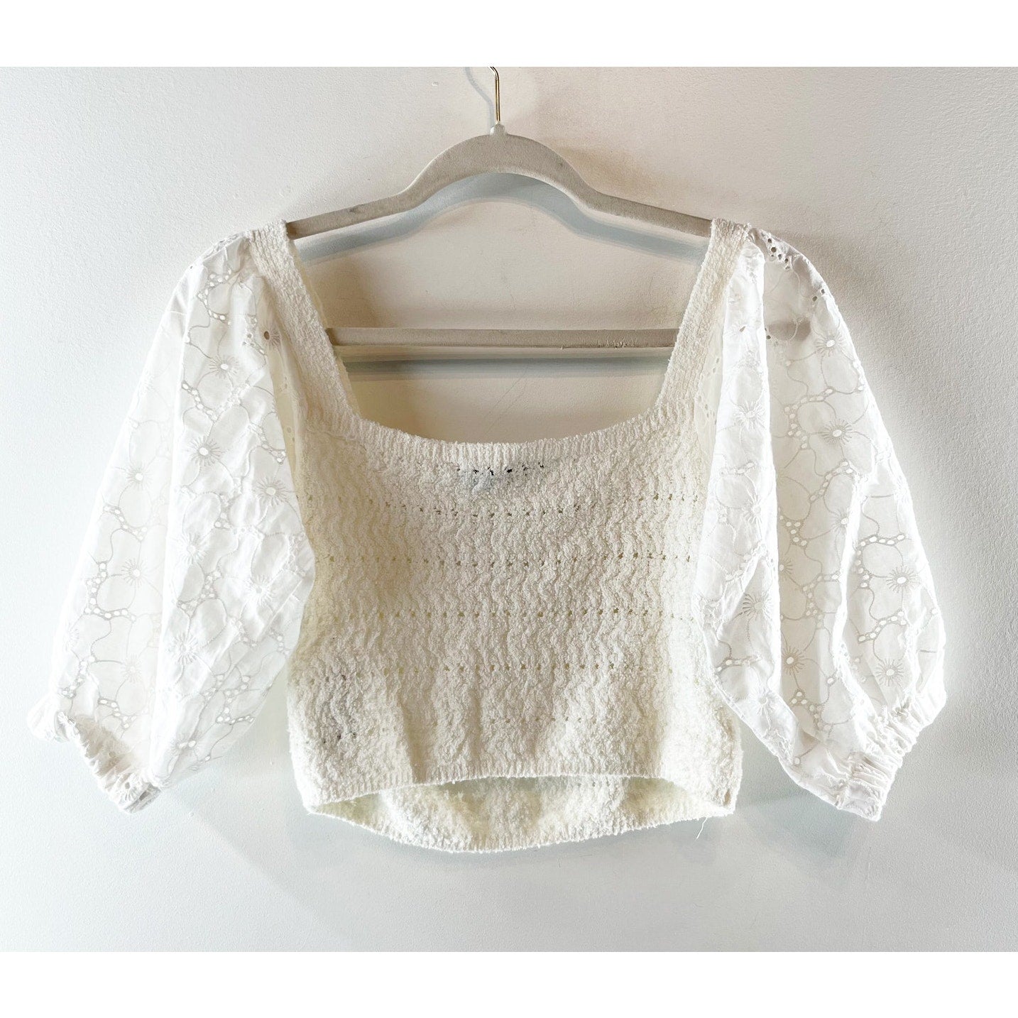 Zara Pointelle Eyelet Balloon Sleeve Square Neck Crop Top White Medium