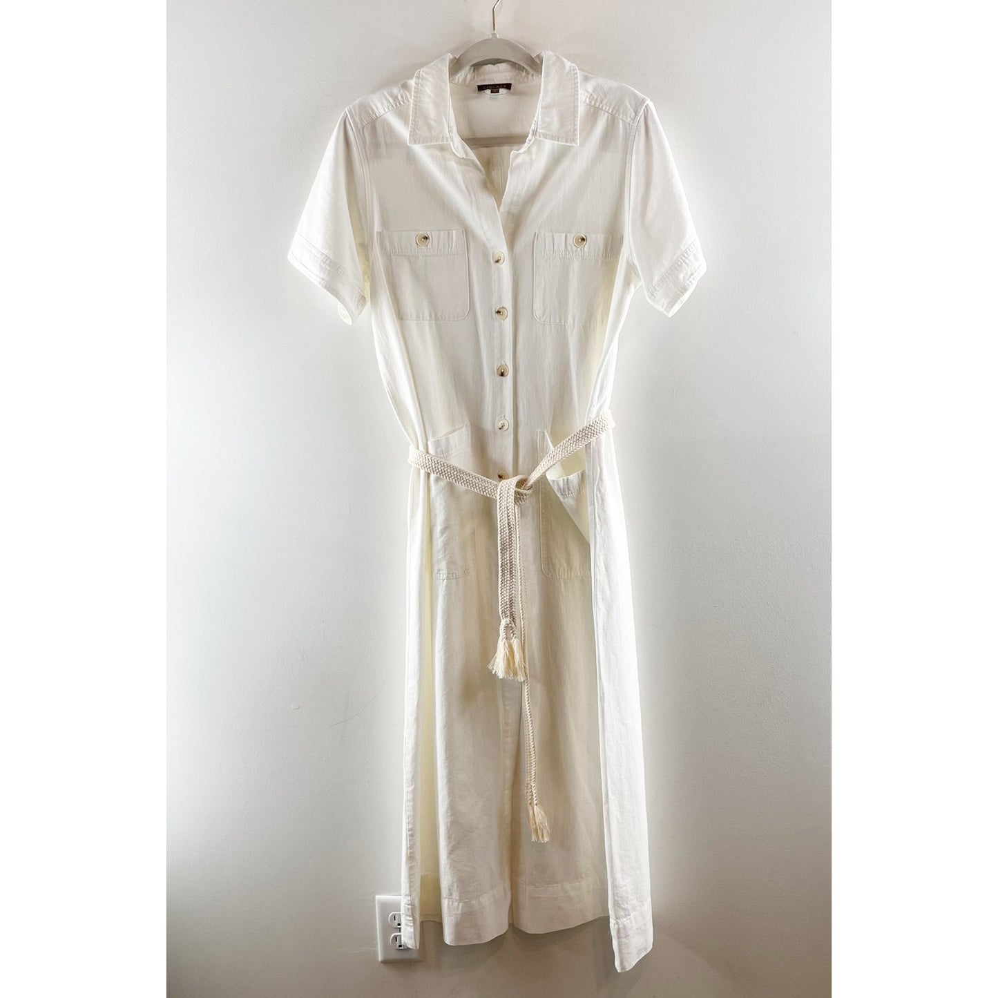 Lilla P Short Sleeve Button Up Belted Tie Waist Shirt Dress White Medium