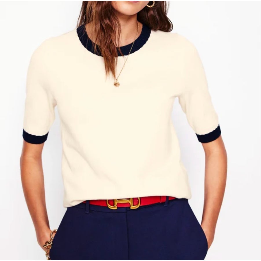 Boden Emilia Cream Blue Ringer Sweater Knit Tee Shirt Top XS