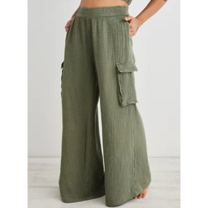 Aerie High Waisted Cargo Gauzy Wide Leg Pants Green Medium