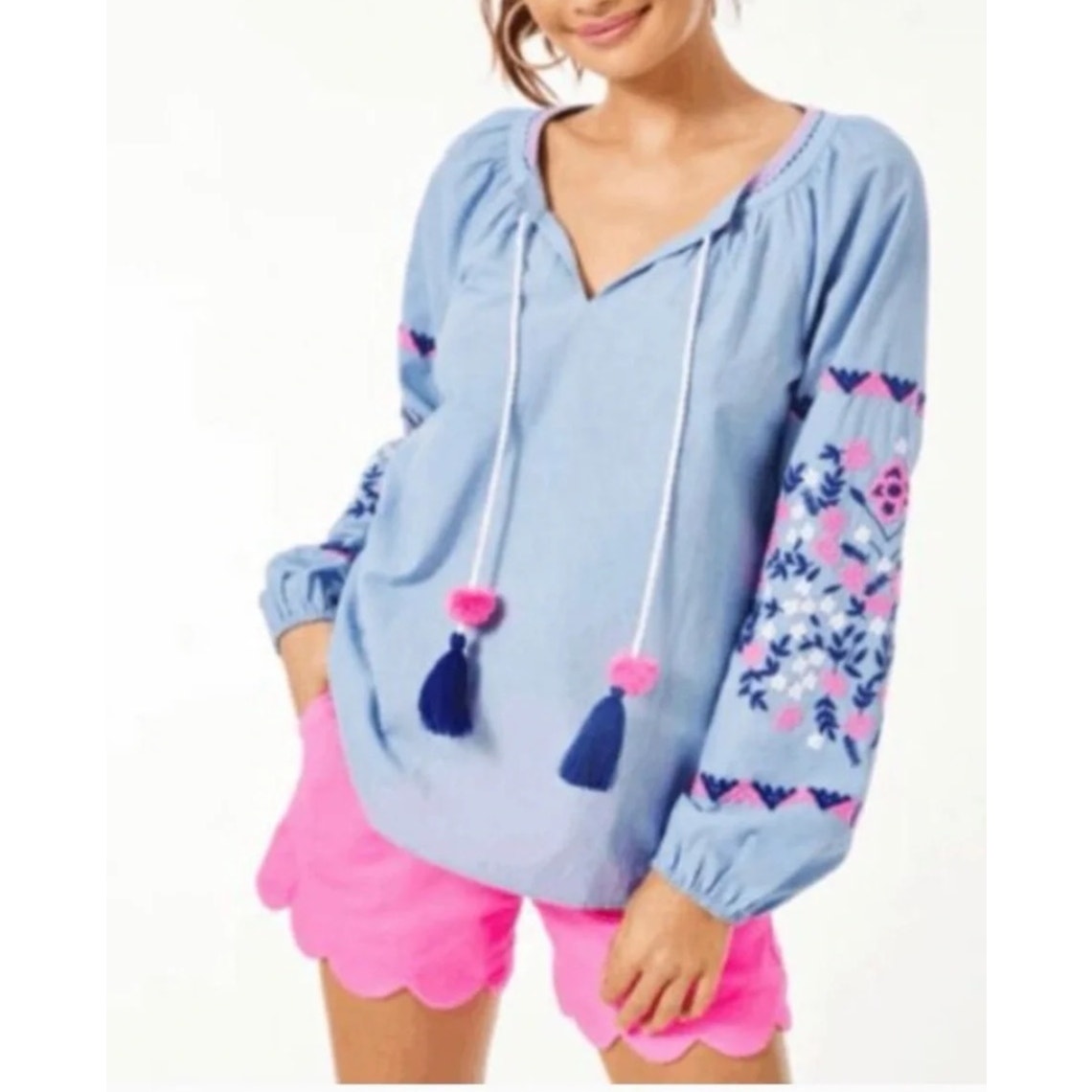 Lilly Pulitzer Keela Long Sleeve Embroidered Top Blouse Chambray Blue Large