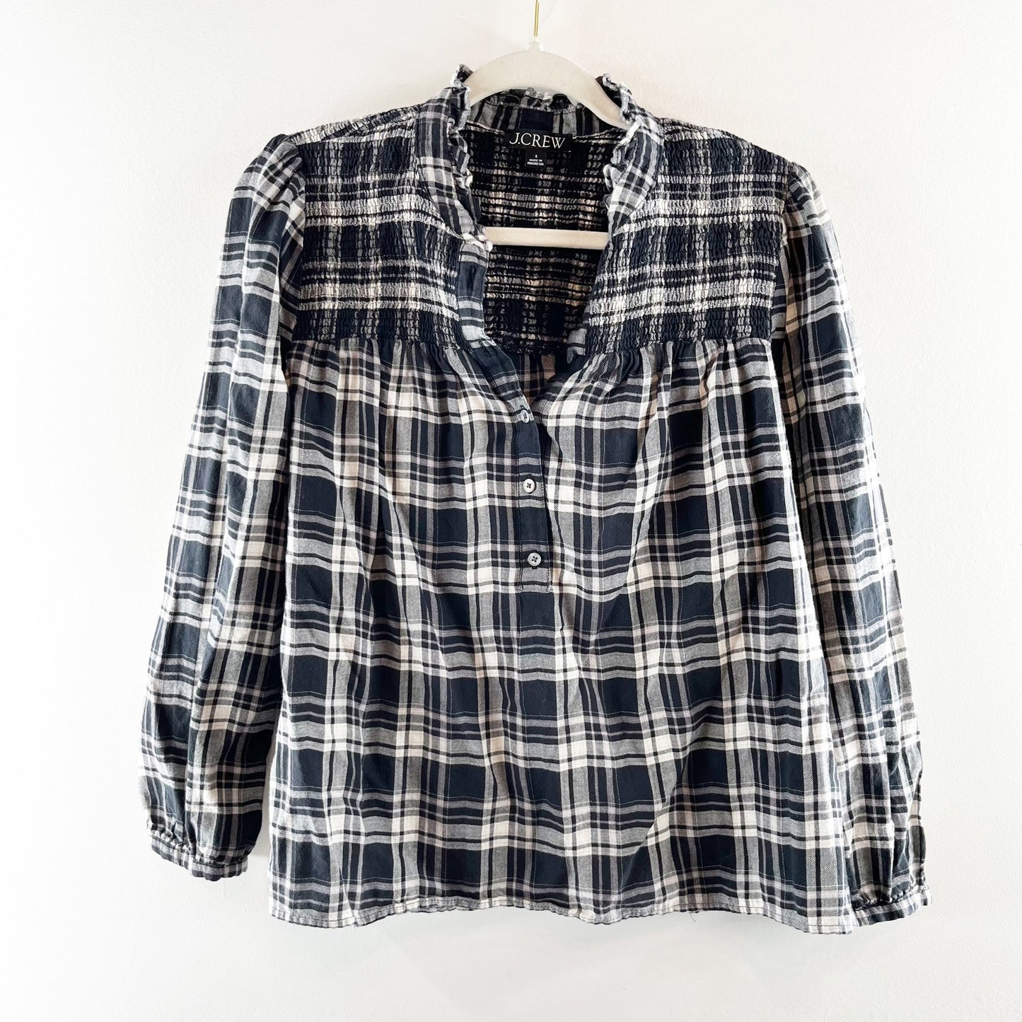 J. Crew Ruffleneck Flannel Popover Blouse Top Berkshire Plaid Black White Small