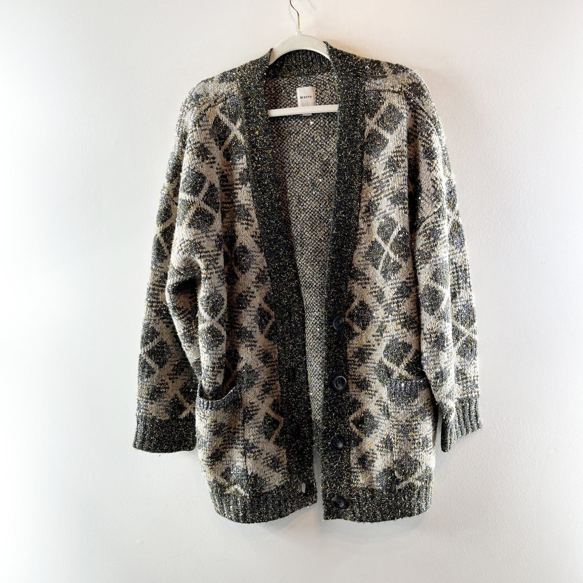 Maeve by Anthropologie Diamond Sparkle V-Neck Cardigan Sweater Gray XL Petite