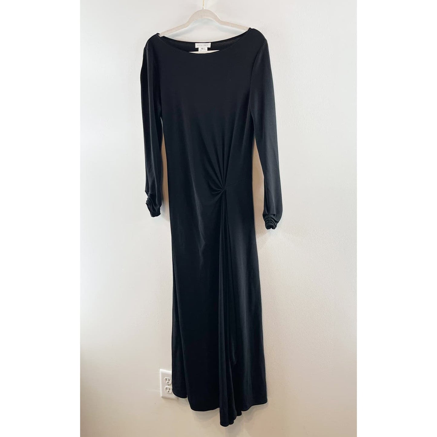 Celine Long Sleeve Rouched Waist Slit Maxi Gown Dress Black FR 42 / US 12