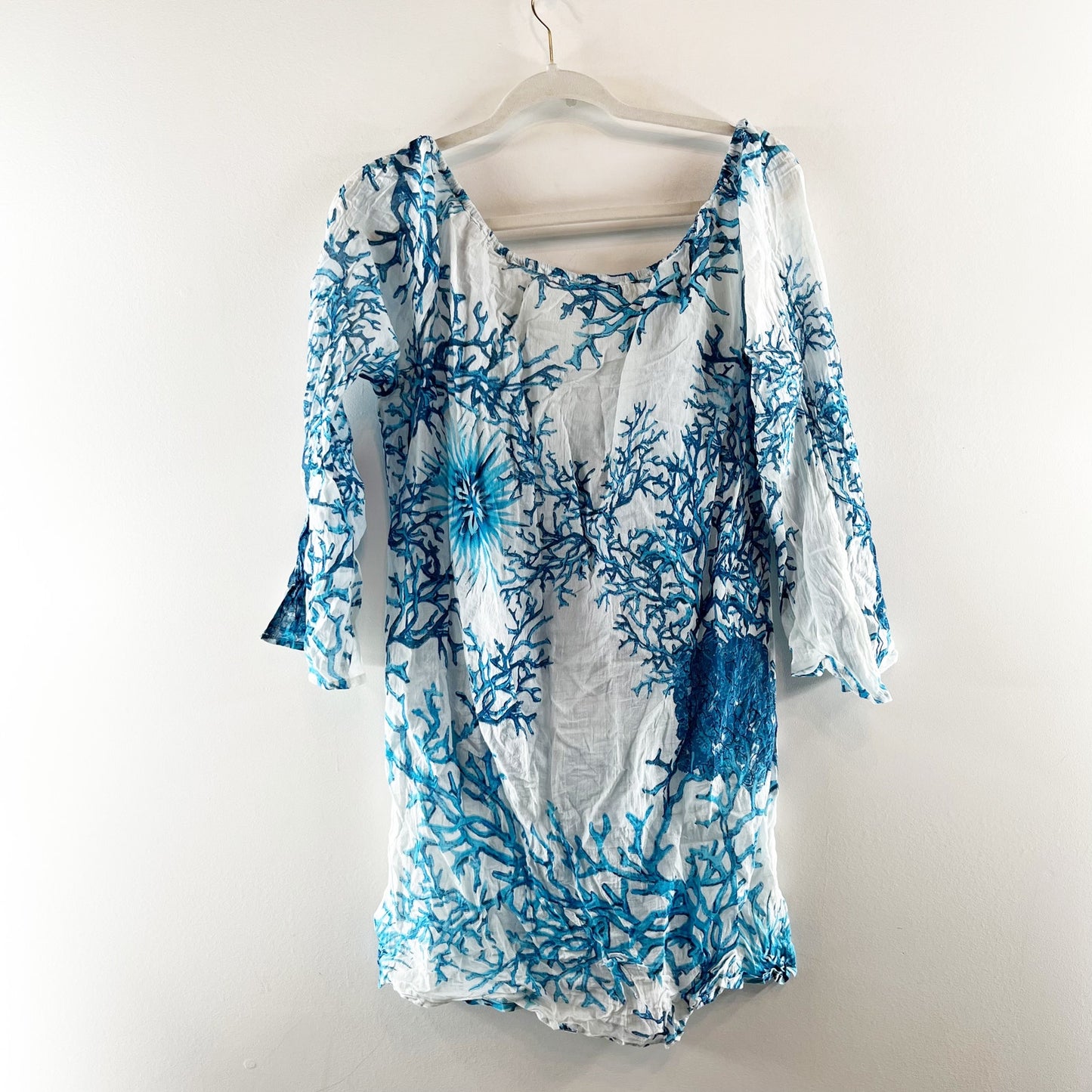 Debbie Katz South Beach Coral Print V-Neck Tunic Cover-Up Dress White Blue Large