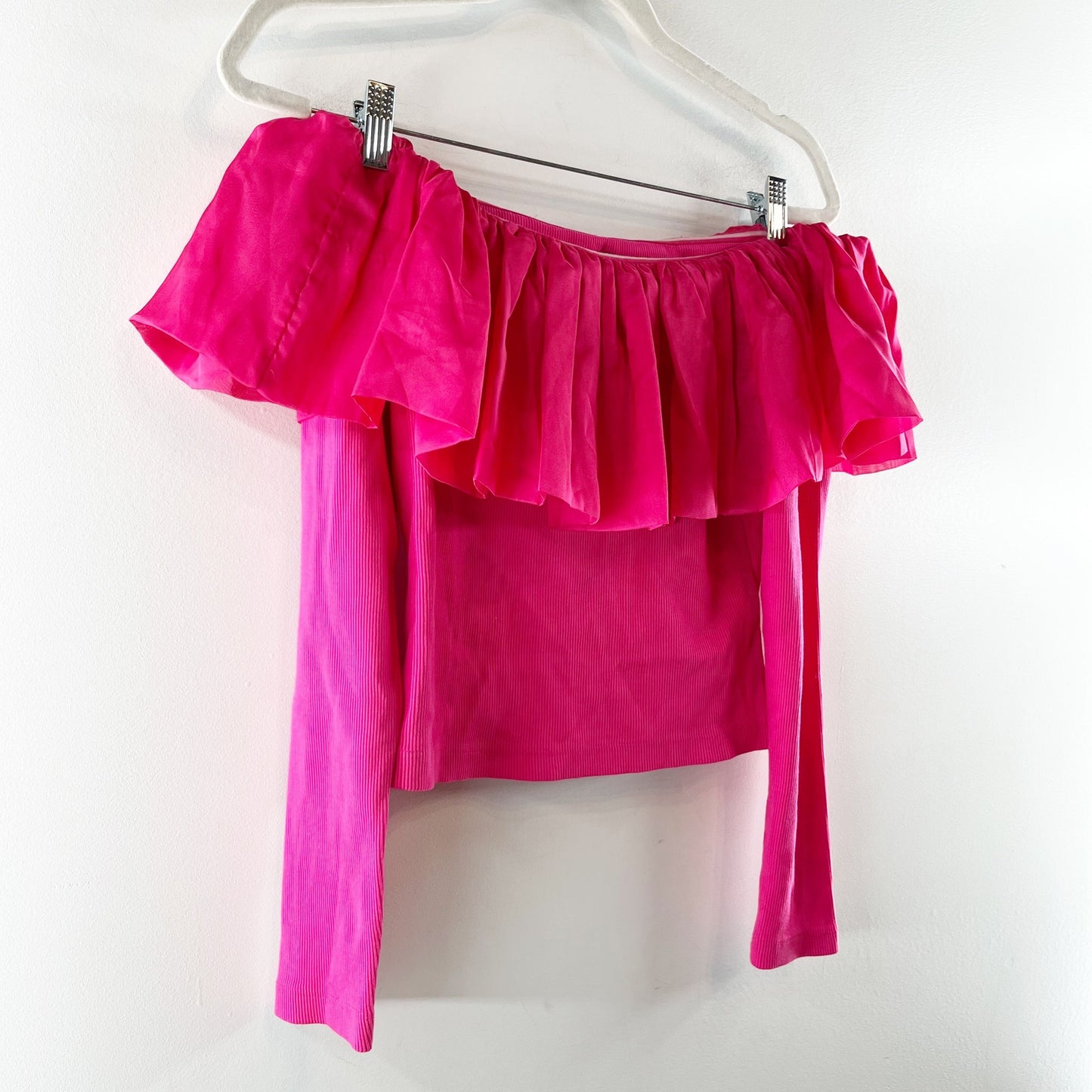 By Anthropologie Off-The-Shoulder Organza Ruffle Blouse Top Pink Small