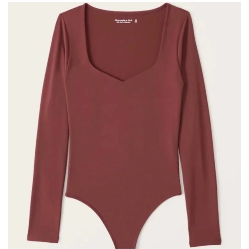 Abercrombie Soft Matte Seamless Sweetheart Long Sleeve Bodysuit Brick Maroon Red