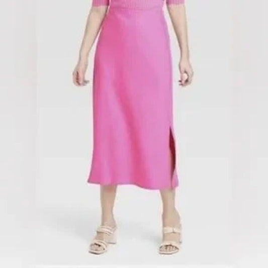 A New Day Elastic Waist Pull On Midi Satin Slip Skirt Pink Large