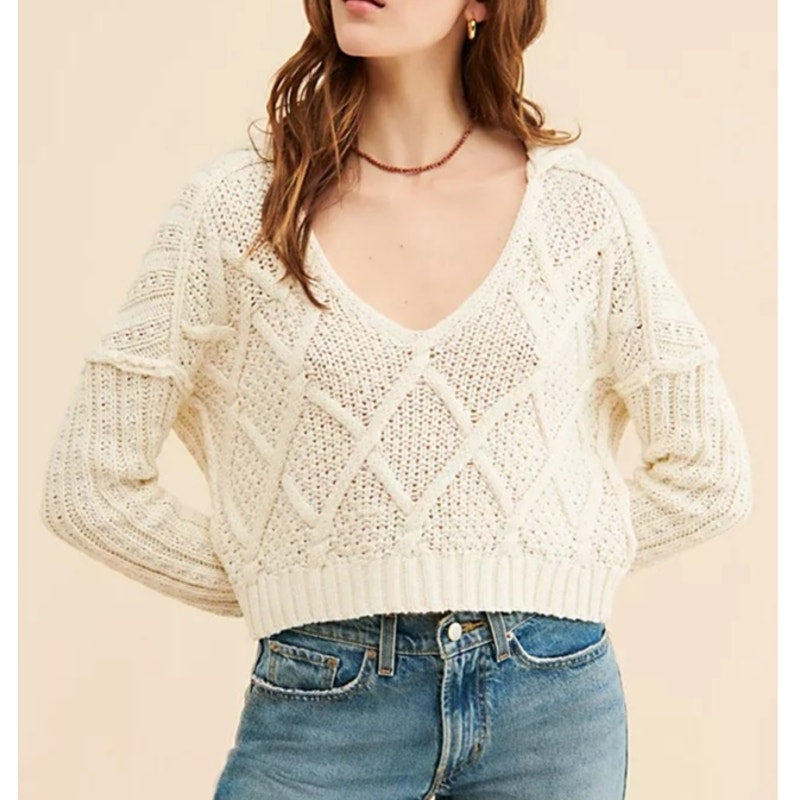 Free People Traveler Cable Pullover Sweater with Polo Collar Cream XS