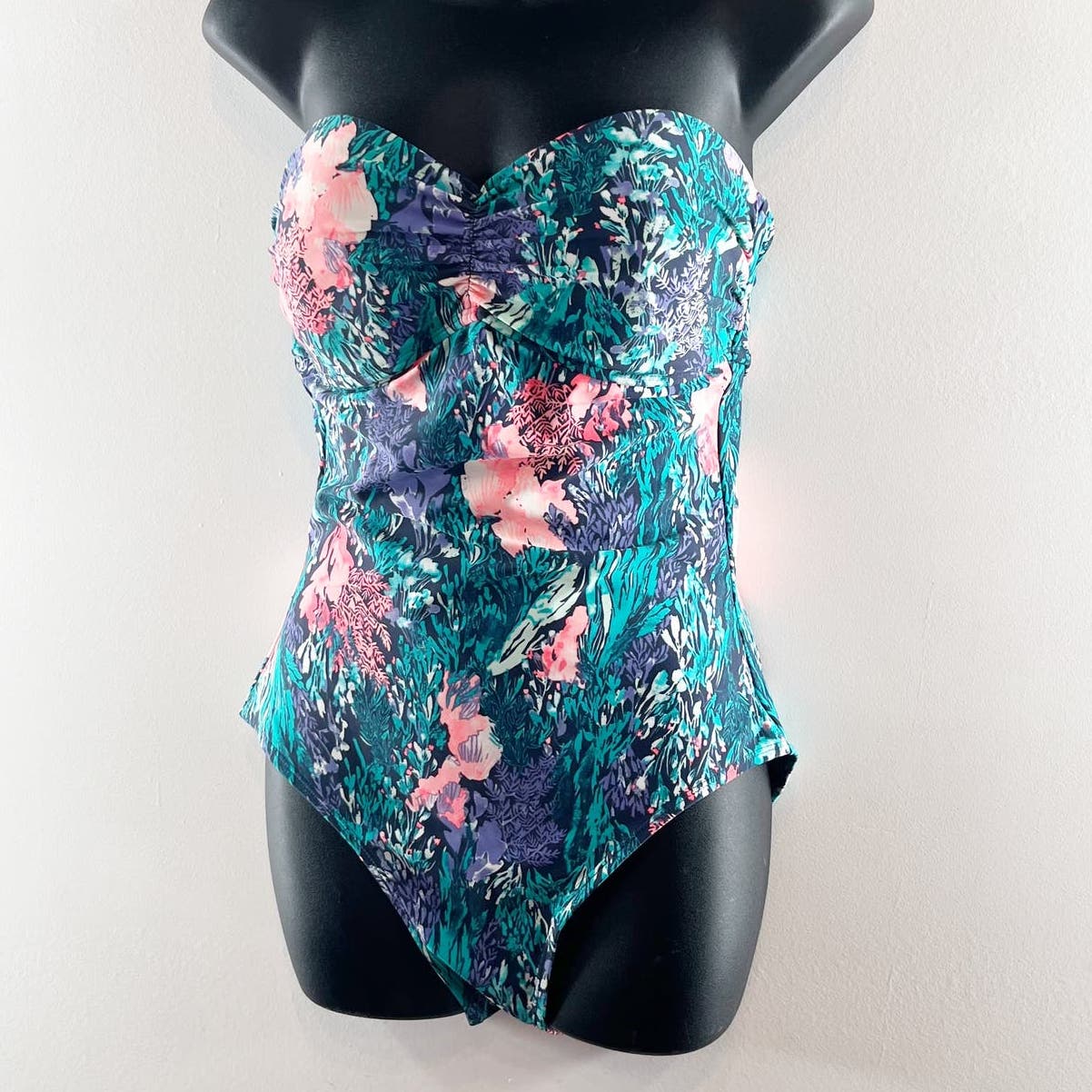 Old Navy Cinch Front Floral Print One Piece Swimsuit Navy Blue Floral Medium