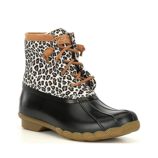 Sperry Lace Up Saltwater Rain Boots Ankle Booties Rubber Leopard 6