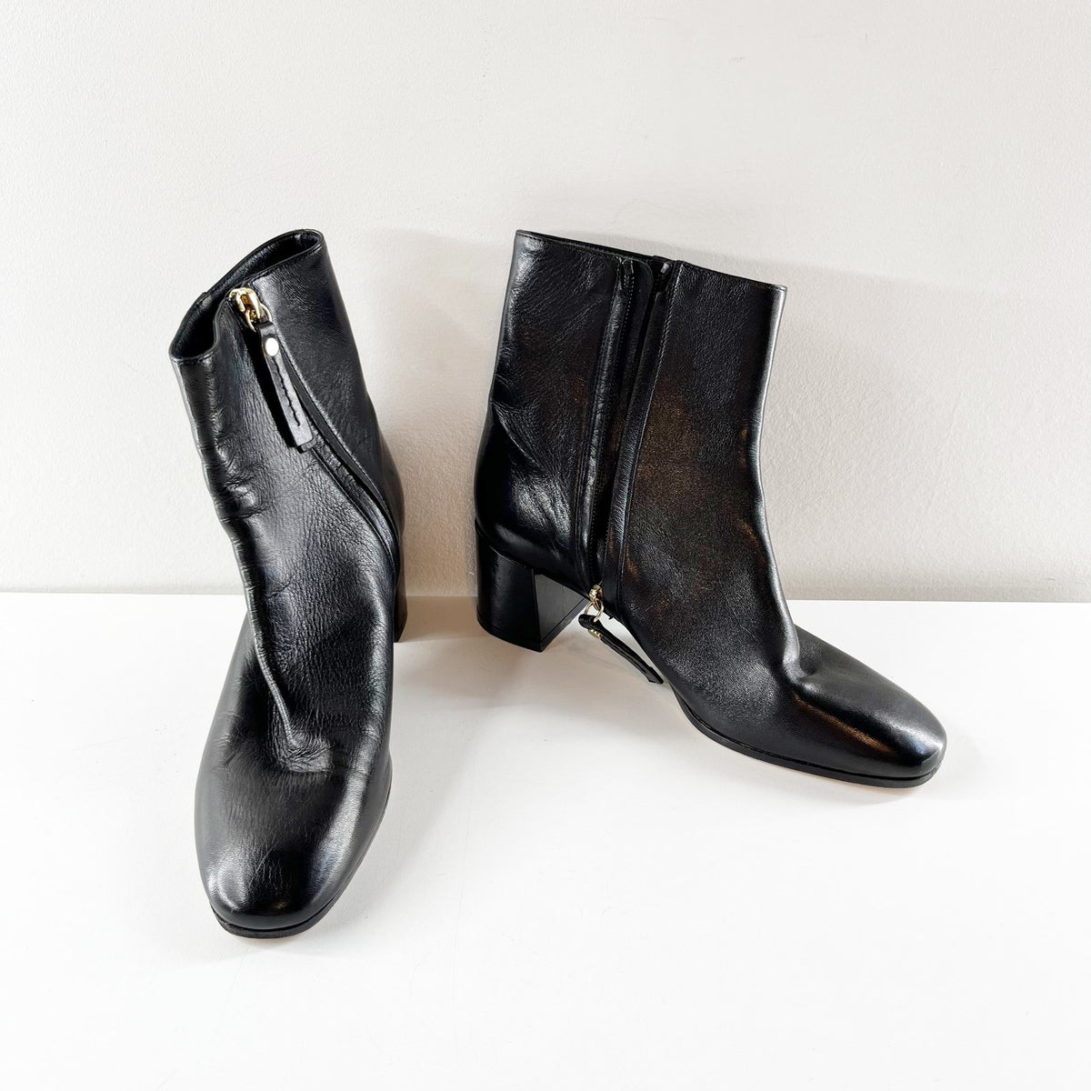 M.Gemi Corsa Leather Side Zip Square Toe Block Heel Ankle Boots Black EU 36 US 6