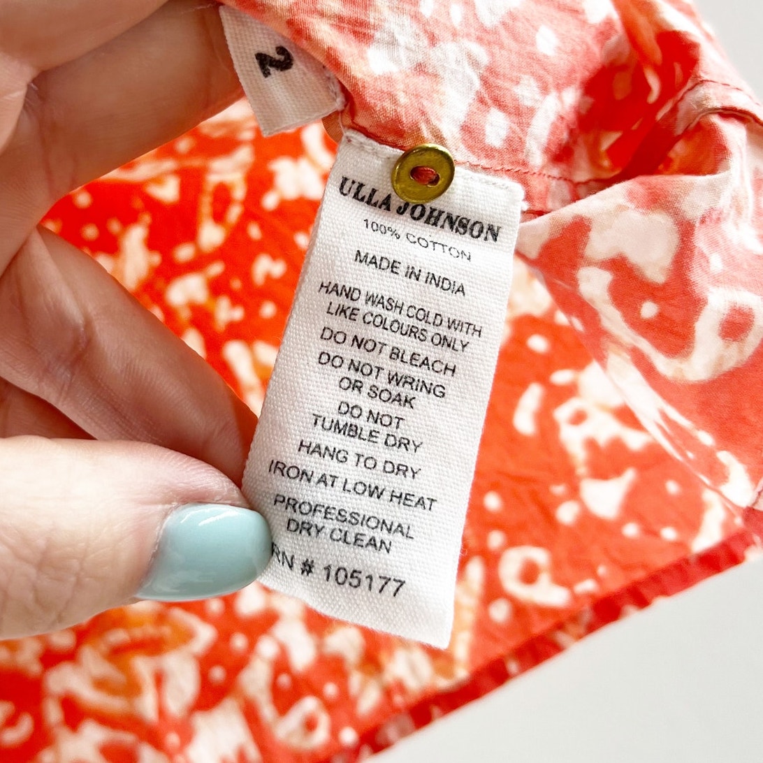 Ulla Johnson Macie 100% Cotton Printed Flutter Sleeve Blouse Top Coral Orange 2