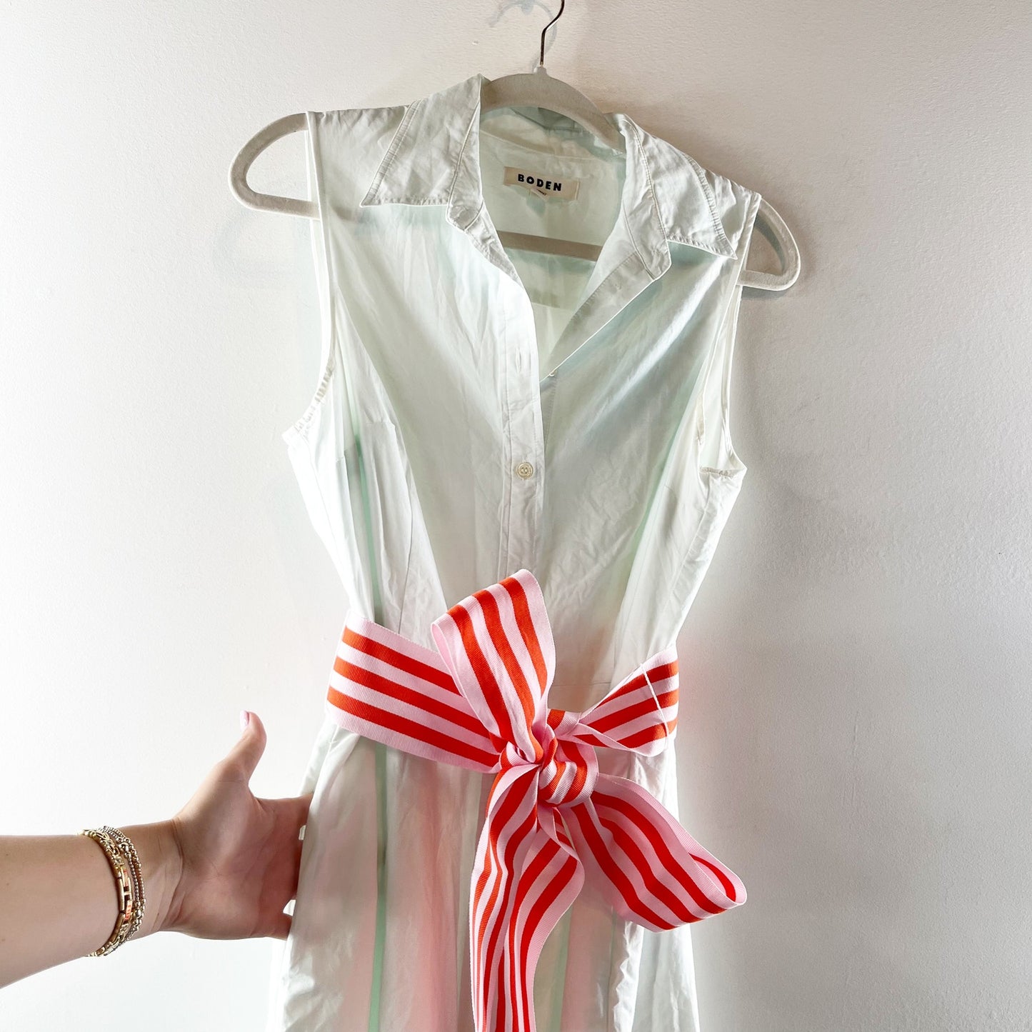 Boden Kate Sleeveless Belted Midi Shirt Dress White Red Blue 8