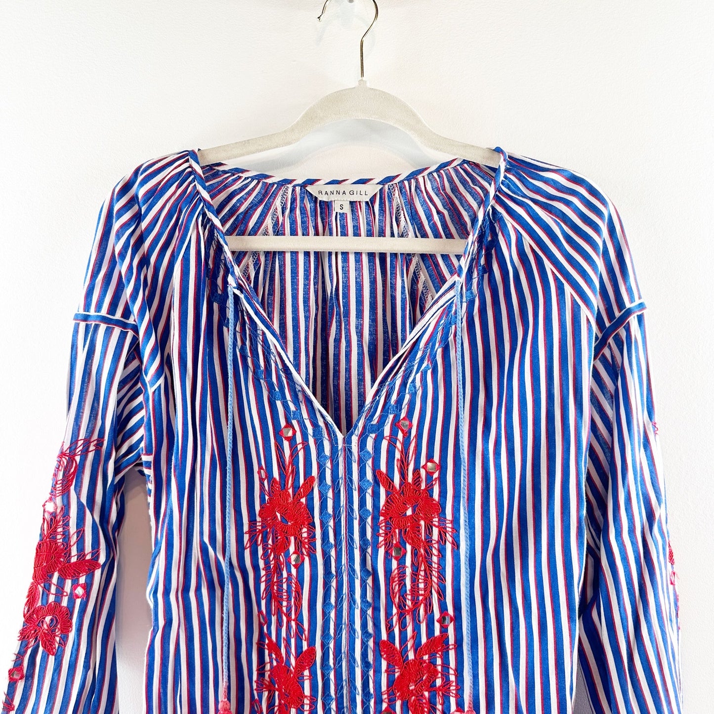 Anthropologie Ranna Gill Striped Long Sleeve Embroidered Peasant Blouse Blue S