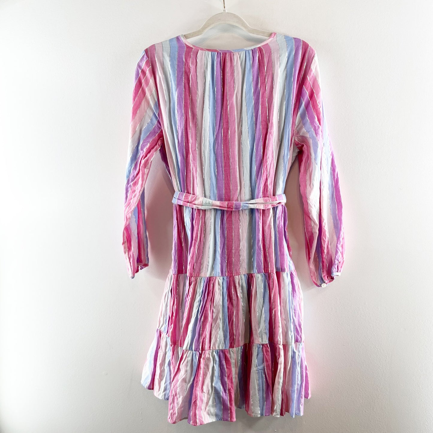 J. Crew Belted Button Up Long Sleeve Mini Dress in Pastel Stripe Purple Pink M