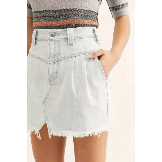 Free People 100% Cotton Raw Cut Hem Side Car Denim Mini Skirt blue 27 / 4