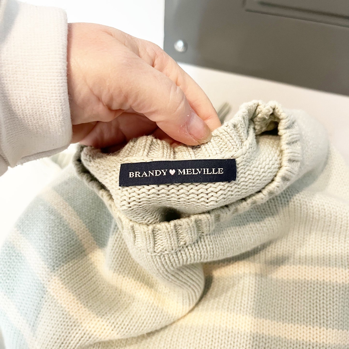 Brandy Melville Crewneck Striped Brianna Cotton Sweater Green One Size - Medium