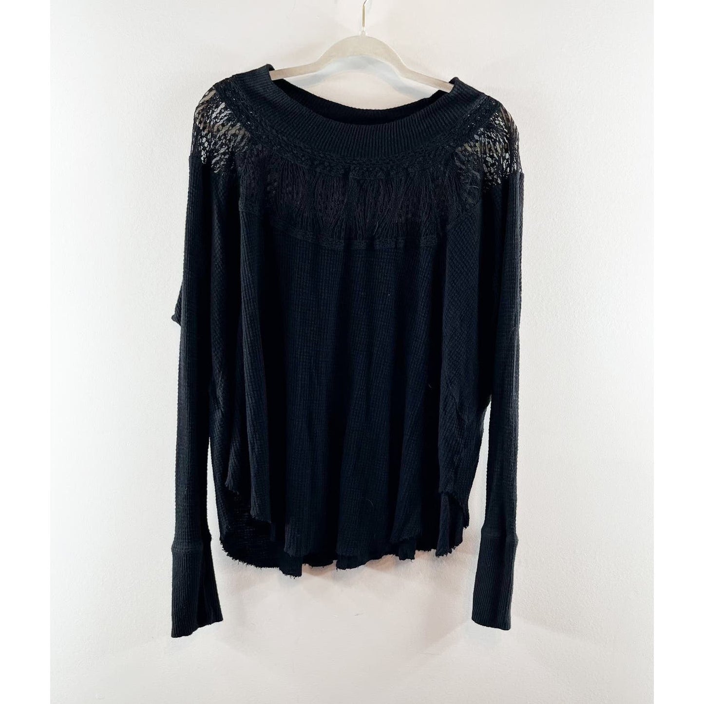 Free People Spring Valley Long Sleeve Waffle Top With Lace Neckline Black Medium