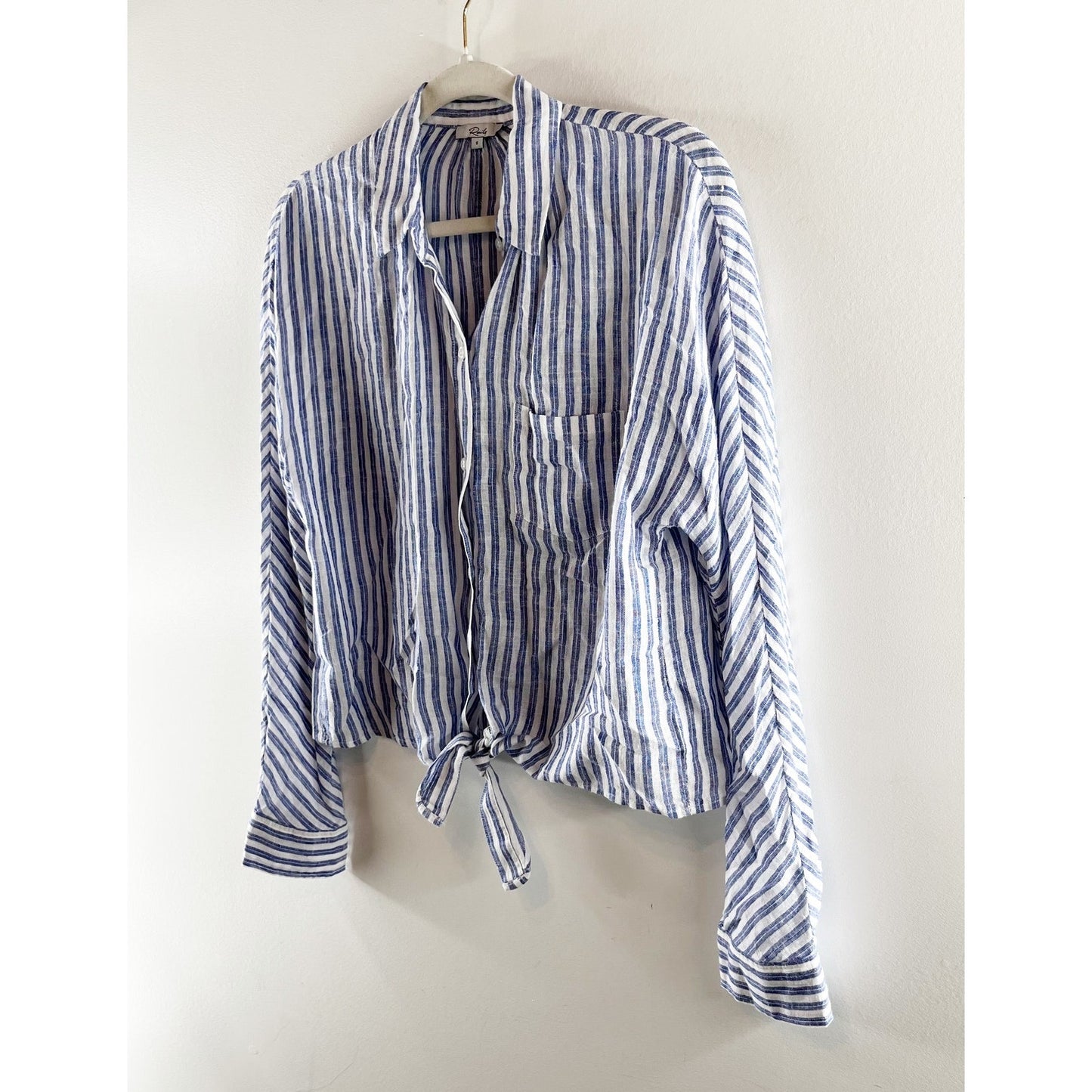 Rails Rylan Button Up Striped Linen Blend Tie Front Shirt Atlas Stripe Blue S