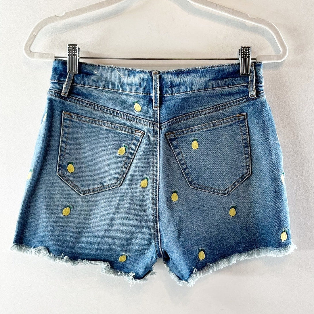 LOFT Lemon Print Embroidered High Waisted Jean Denim Cutoff Shorts Blue 25